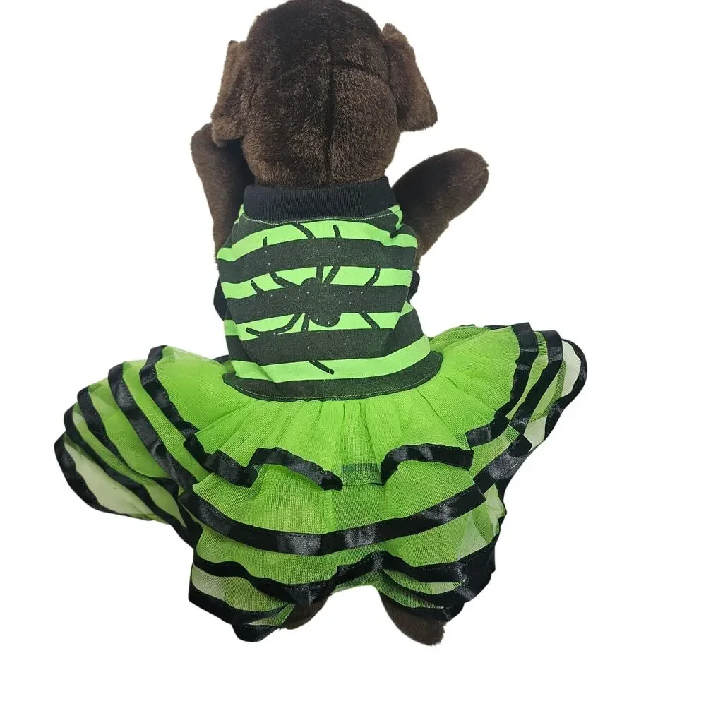 Small Dog Halloween Green/Black Stripe Lighted Spider + Christmas Dress Costumes